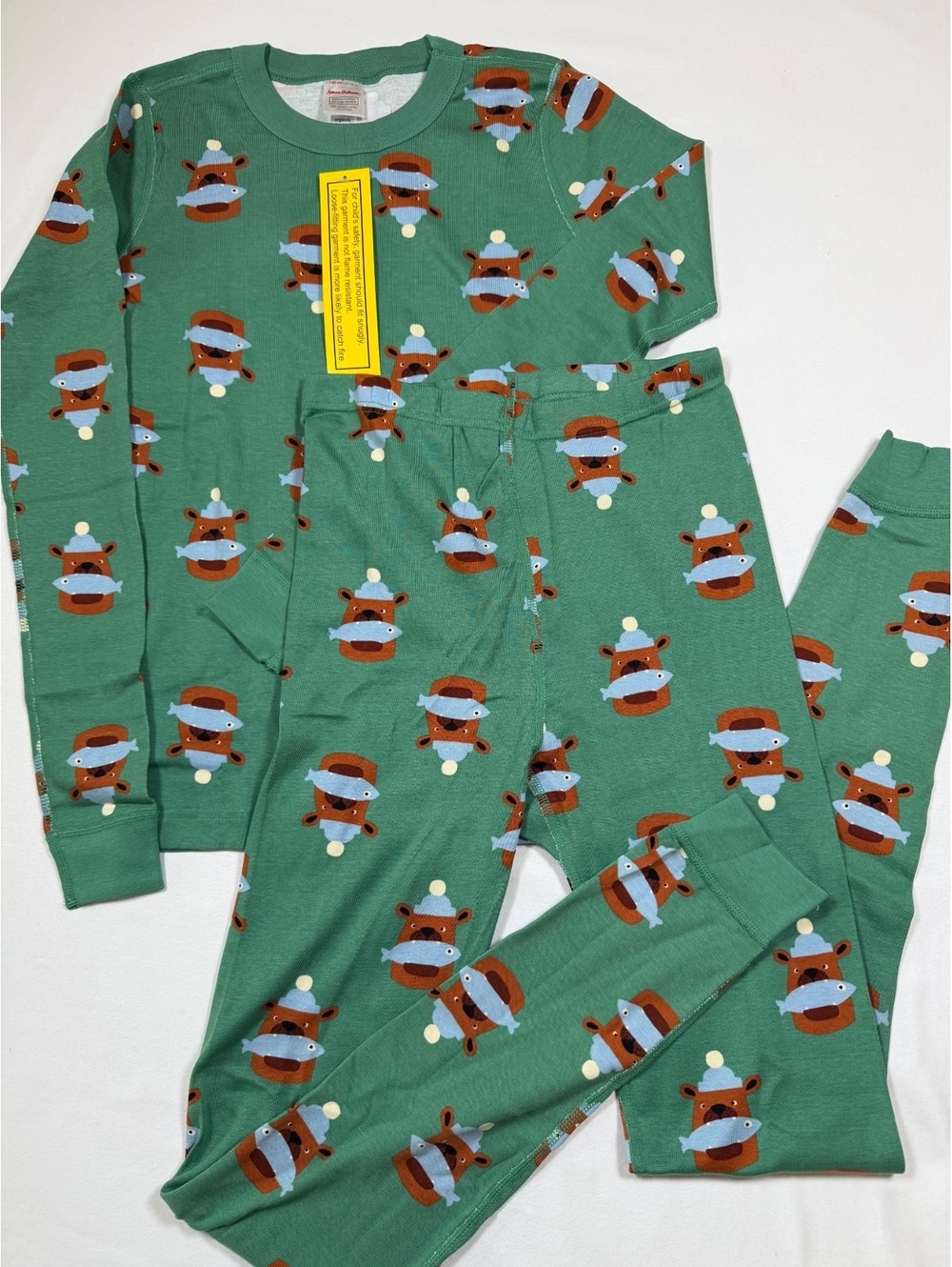 NWOT Hanna Andersson Organic Cotton Green Pajama Set with Bear/Fish Print 14